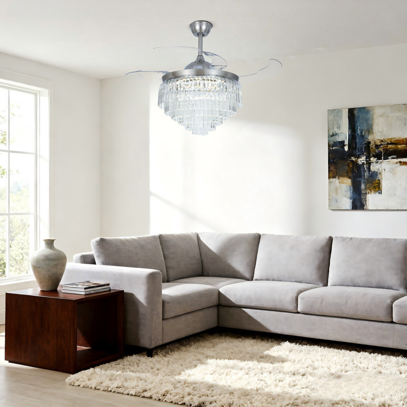 42" Modern Crystal Ceiling Fan With Led Light & Remote, 3 Colors Changing, 3 Speeds, Timer