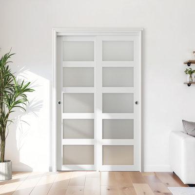 60" x 80" 5-Lite 80'' Frosted Glass Sliding Closet Doors With Installation Hardware Kit