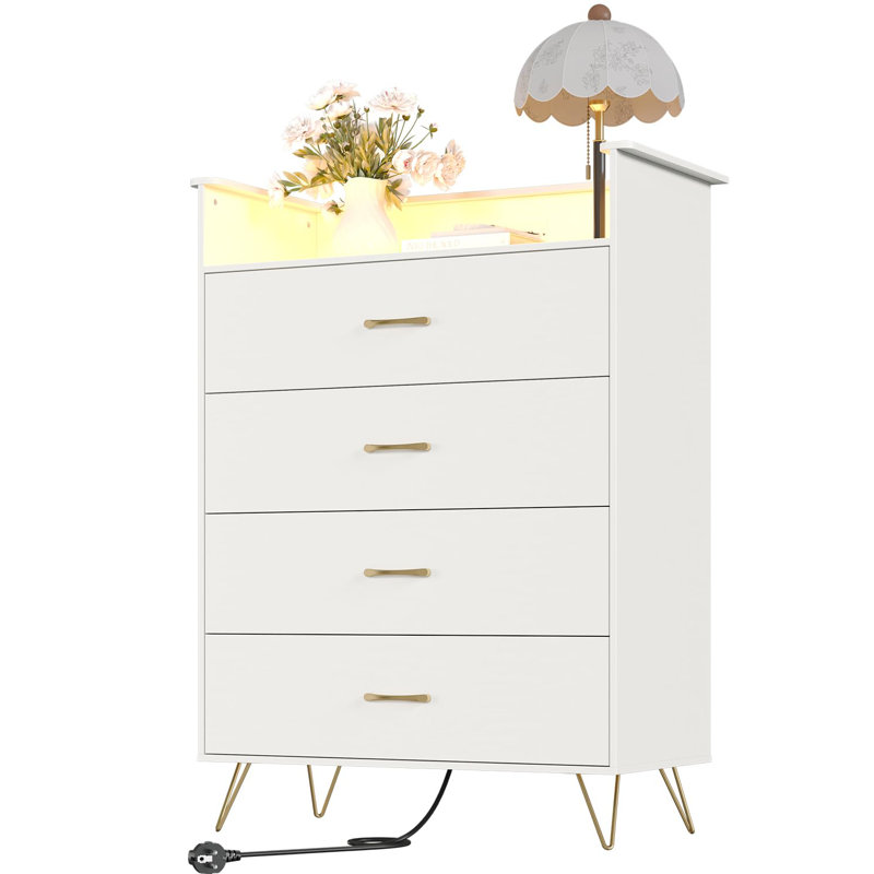 Commode moderne à 4 tiroirs avec station de charge, lumières RVB, grande commode en bois, garde-robe de chambre à coucher, grande armoire de rangement