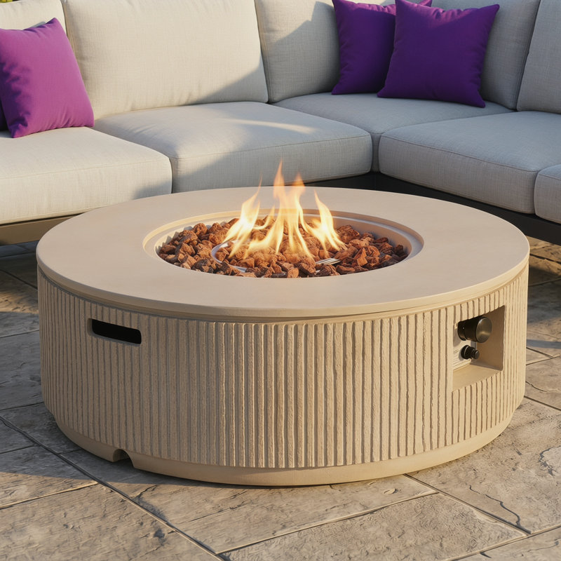 Round Propane Fire Pit Table with Vertical Stripe Design, 50000 BTU Concrete Fire Pit for Outdoor, 38.19''(Brown)