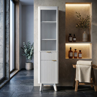 Tall and Slim Freestanding Storage Cabinet with Adjustable Shelves, Drawer, and Door for Versatile Home Organization in Modern White Finish