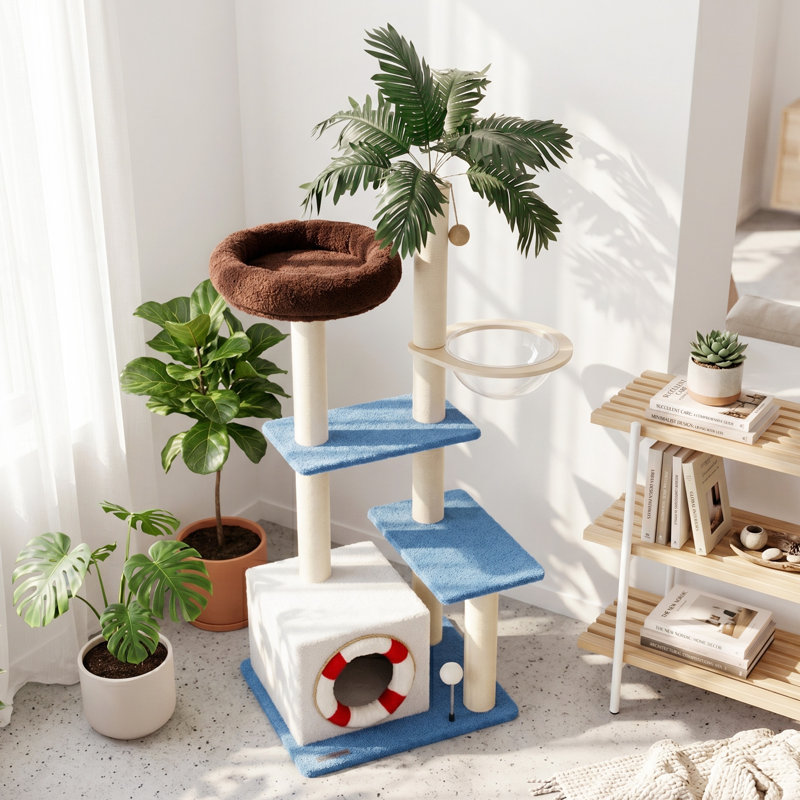Arbre à chat 53,2 po H Coconut Palm Island pour chats multiples avec plateformes spacieuses, condo confortable et poteaux à griffer en sisal, style vacances tropicales
