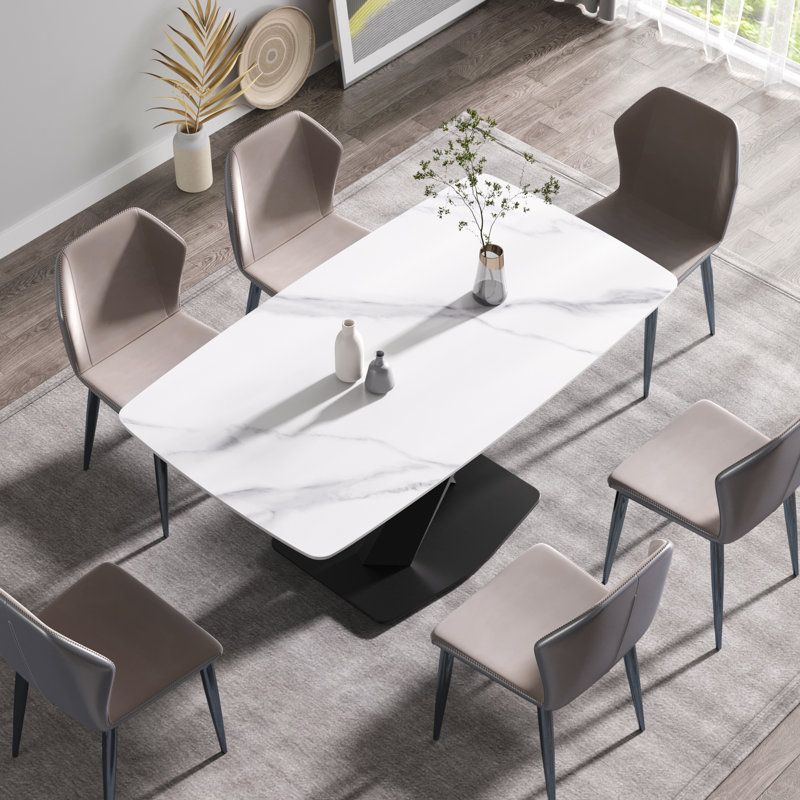 Quiara Stone Top Metal Base Dining Table, White, Black