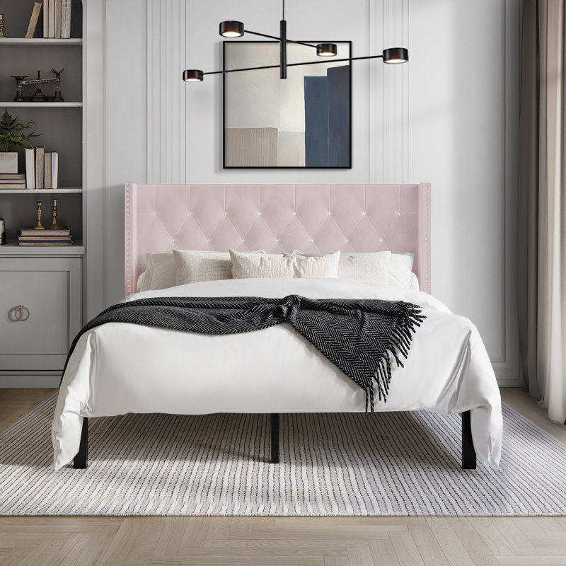 Ffyona Upholstered Wingback Bed, Light Pink, Queen