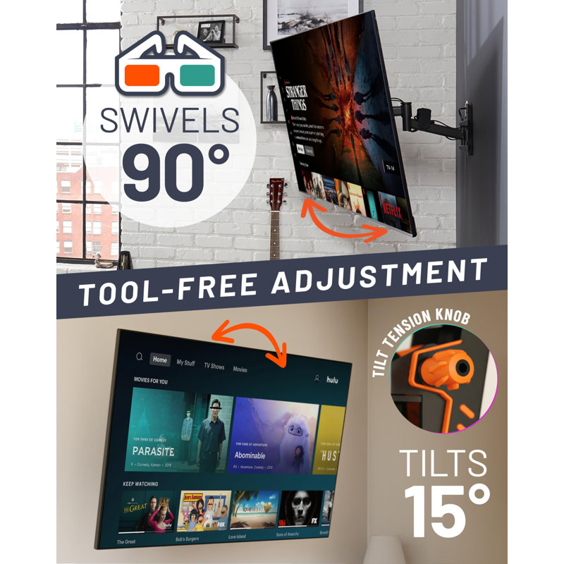Swivel Full Motion TV Wall Mount For Tvs Up To 60" - Smooth Extention, Tilt - Wall Template For Easy Install On 1 Stud - Level & Hide Cables After Install