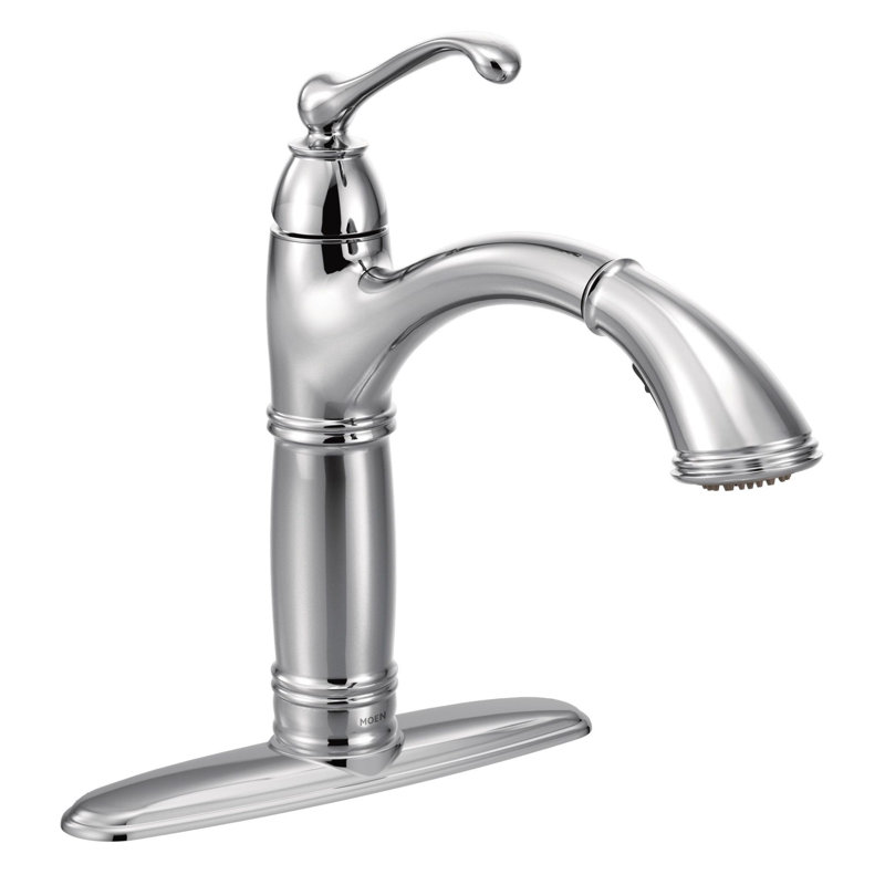 Chrome pull-down kitchen faucet with a single lever handle and deck plate