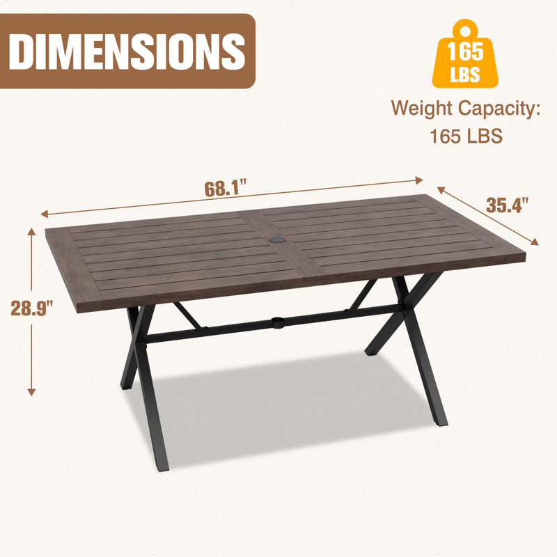 Rectangular Solid Wood Outdoor Dining Table Umbrella Hole , 68.1 " W 35.4 " D