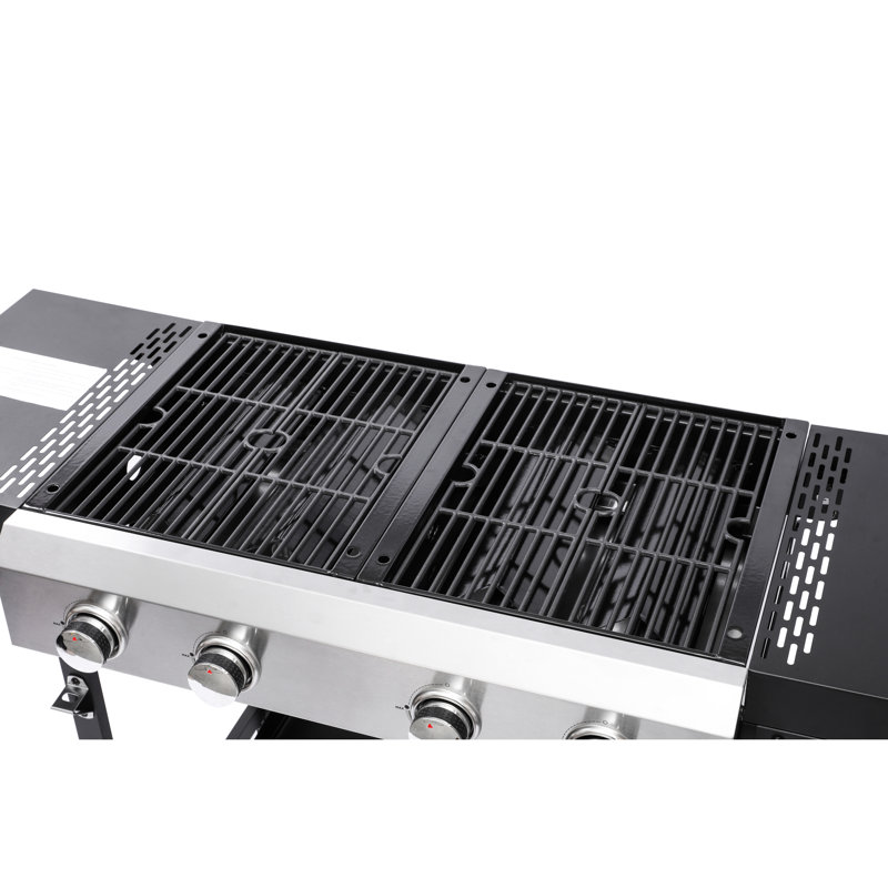 2 brûleurs à gaz et gril, corps de poêle émaillé, thermolaqué, tête en acier inoxydable, 38200, espace de cuisson, brûleurs, grilles en fonte, plaque de cuisson, surface 38240, dimensions du gril