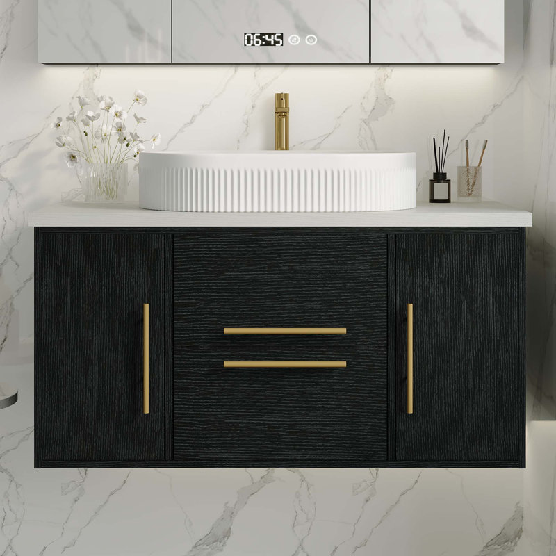 Meuble-lavabo flottant moderne avec lavabo en céramique et rangement intelligent