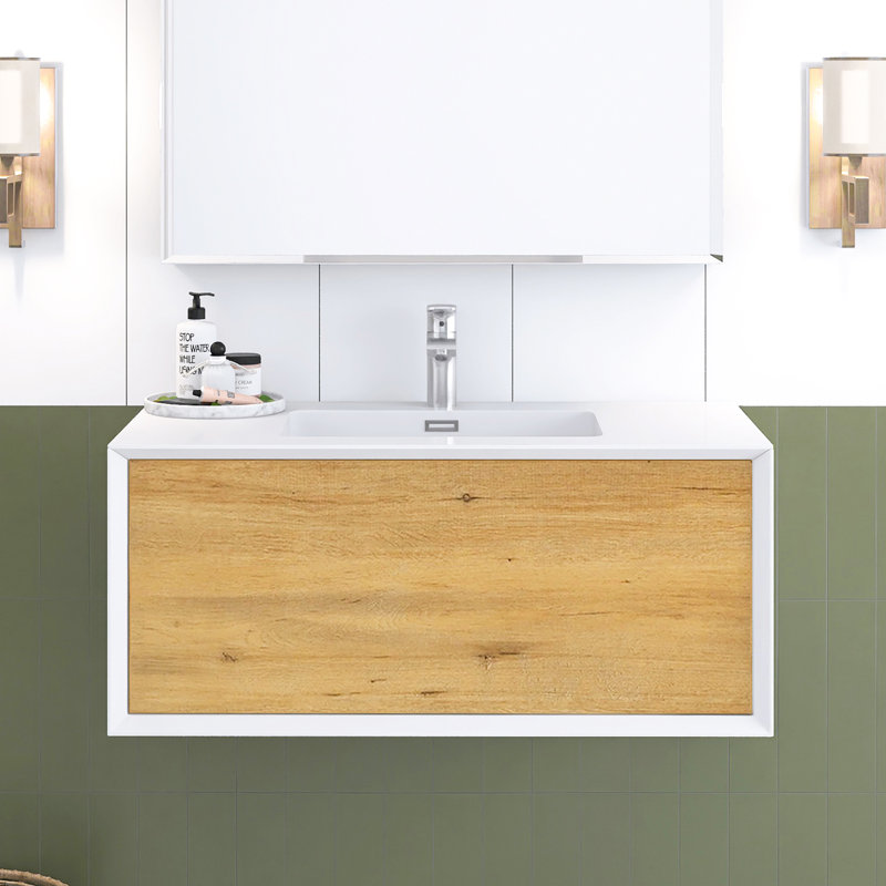 Meuble-lavabo intégré moderne de 36 po avec lavabo à surface solide, armoire en MDF mural et sans poignée, 37"