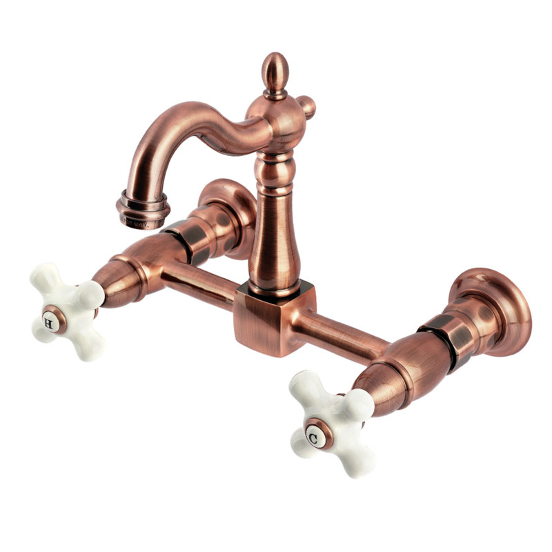 Kingston Brass Heritage Double-Handle 2-Hole Wall-Mount Bridge Kitchen Faucet, Antique Copper