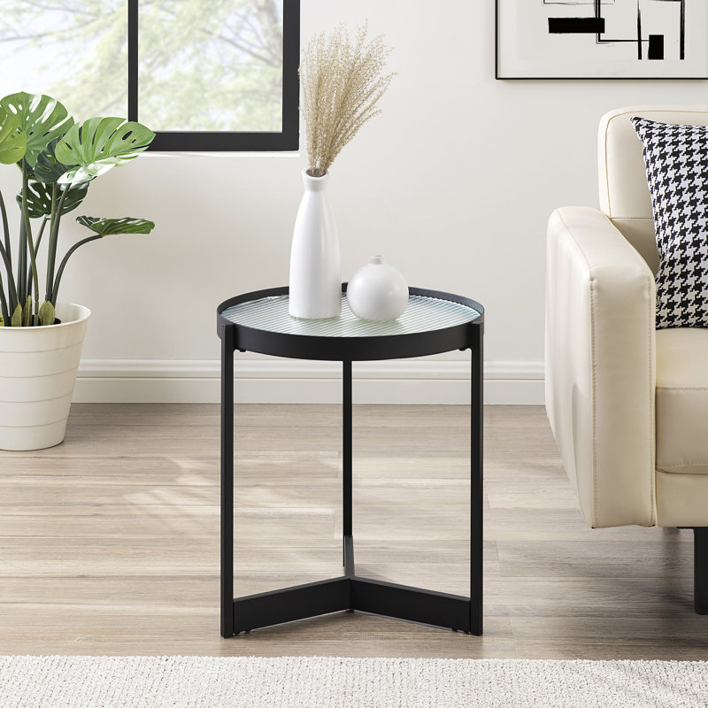 Akay Glass Top End Table, Black, Fluted Glass
