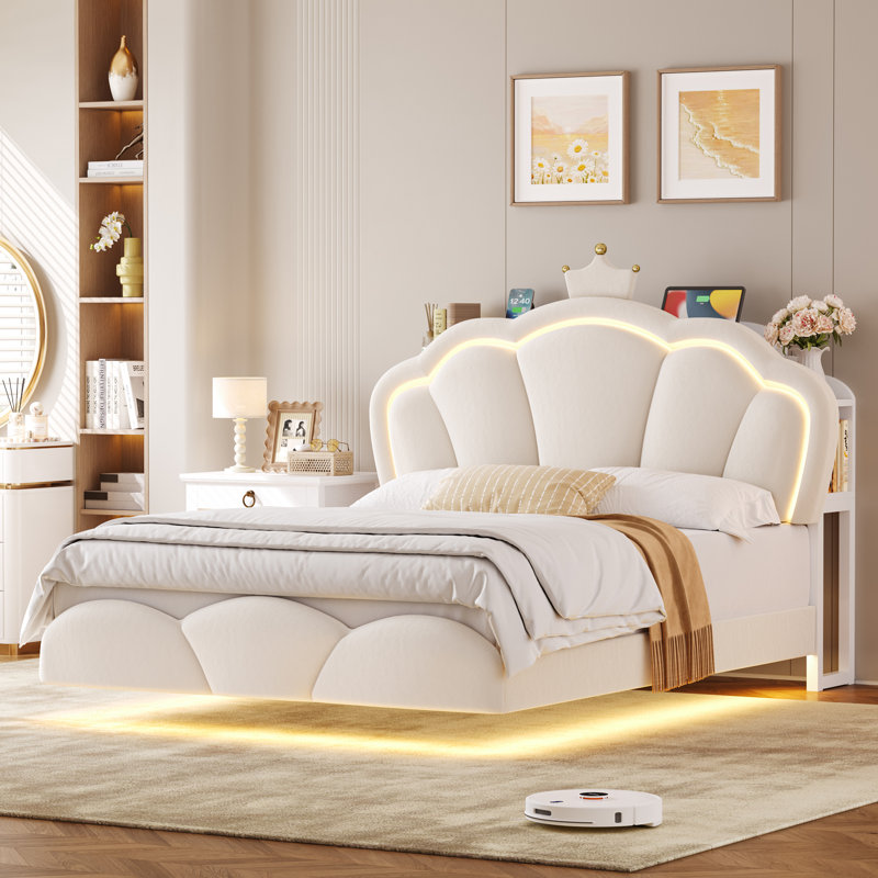 Cadre de lit flottant avec rangement, lit plateforme tapissier en velours avec compartiment de rangement caché et station de charge, tête de lit à couronne en forme de nuage, beige et rose