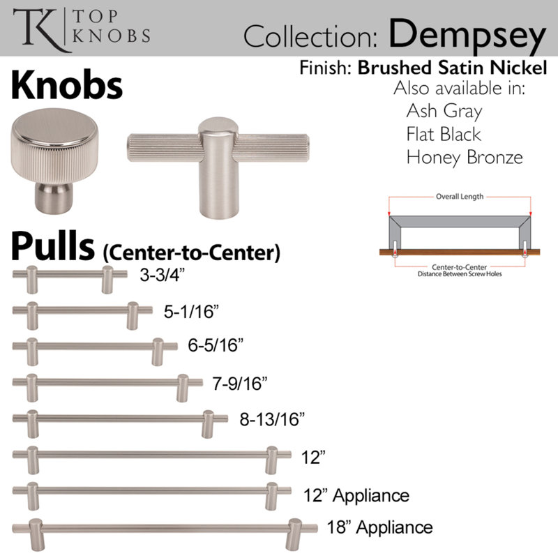 Dempsey Bar Pull, Brushed Satin Nickel, 3 3/4" Center To Center