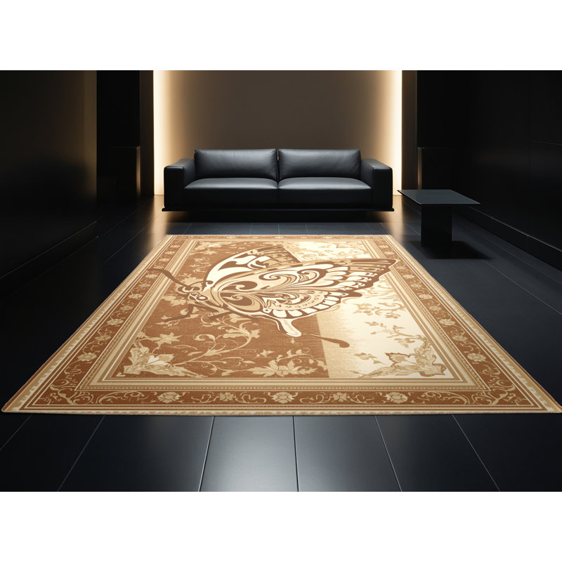 Machine Washable Peirsen Butterfly Classic Oriental Rug in Brown – Beige Binding, 6x9
