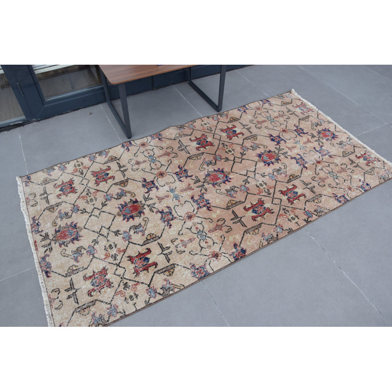 Tapis turc rétro Oushak - motif ethnique beige pour décor de vestibule, de chambre de bébé ou de chambre à coucher