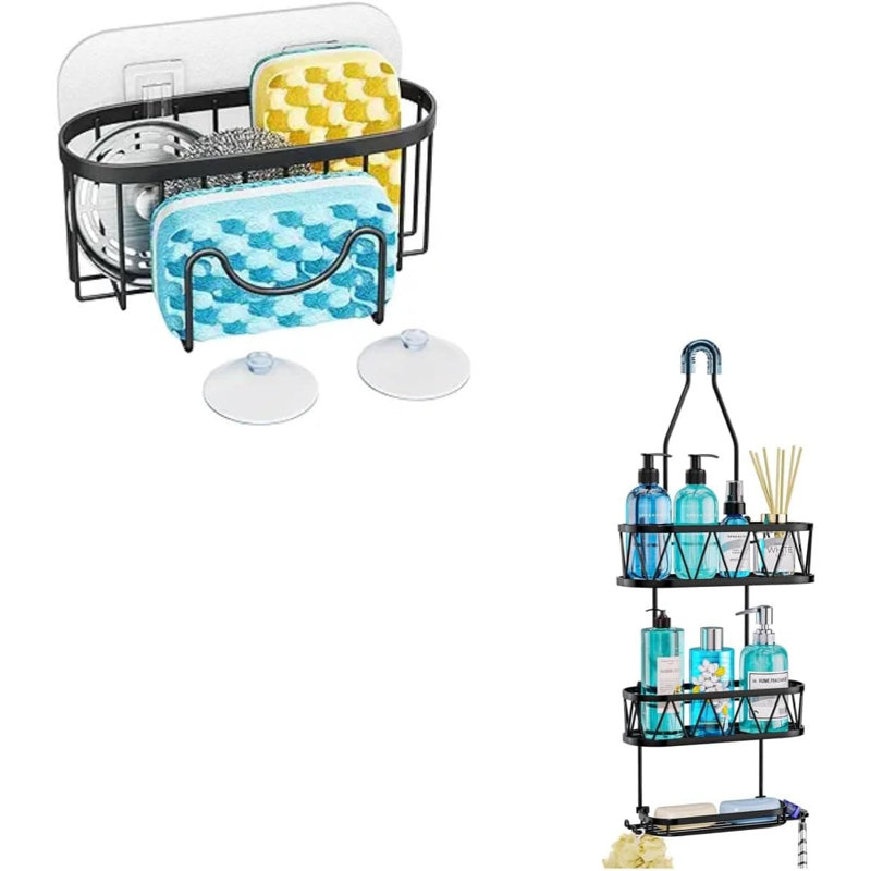 Porte-éponge multifonctionnel en forme de M, fabrication en acier inoxydable antirouille, distributeur de savon et 4 crochets pour l'organisation de la cuisine et de la salle de bain