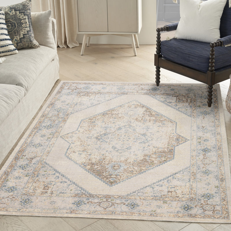 Haydel Machine Washable Area Rug in Ivory, Rectangle 5'3" x 7'