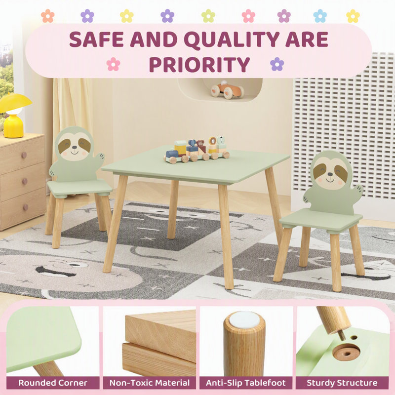 Ensemble de table d'activités en bois pour enfants avec 2 chaises en forme de paresseux, mobilier de jeu et d'étude pour tout-petits au design animalier mignon