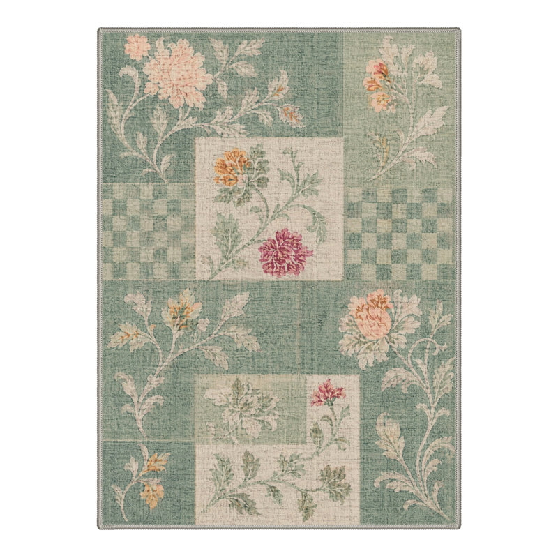 Tapis vert / ivoire patchwork lavable à la machine avec envers antidérapant, Rond 5 pi