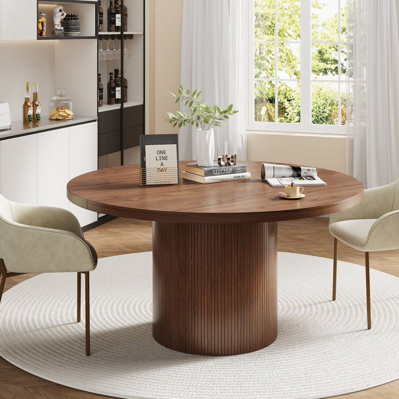 47.2'' Round Dining Table, Kitchen Table With Wood Strip Base For Kitchen Living Room, Walnut