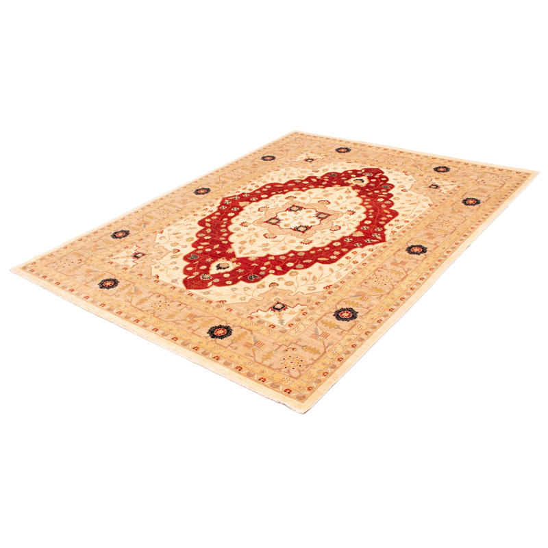 Tapis beige en laine noué à la main de conception unique 9 pi x 12 pi New Age Chobi