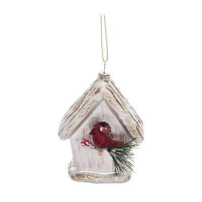  Glass 4.88 in. Cream Christmas Woodland Cardinal Bird House Ornament
