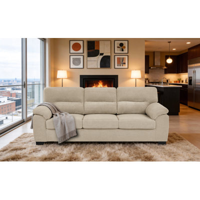 Canapé 3 places, canapé en tissu camel, mobilier de salon moderne, canapé en tissu texturé, canapé minimaliste, fauteuil confortable, canapé à structure robuste