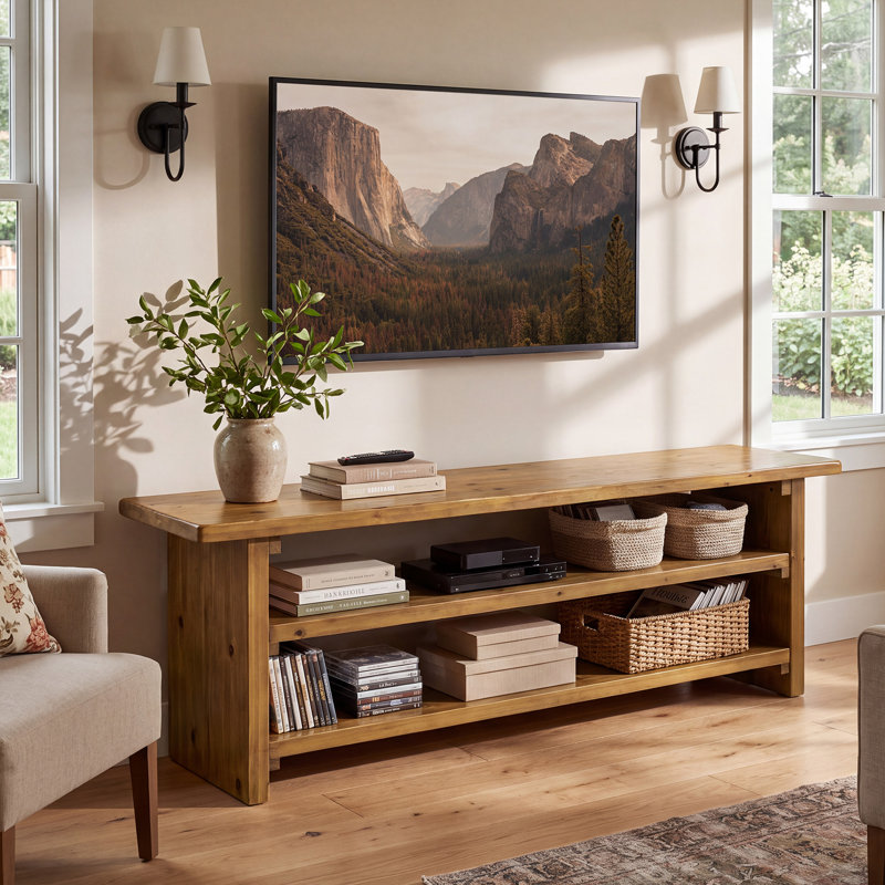 Meuble télé 63 po en bois de style campagnard, console multimédia ouverte pour téléviseurs de 60 po ou moins