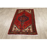Tapis rouge / bleu en laine noué à la main de conception unique 3 pi 0 po x 4 pi 8 po Gastone