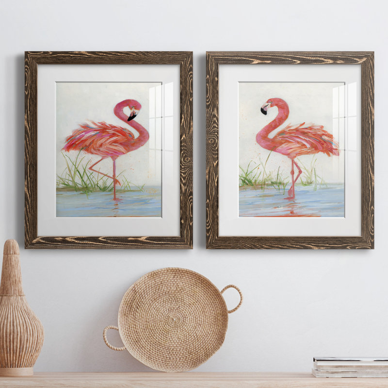 Flamingo I - ensemble de 2 peintures, Papier dans un cadre photo, H 20 po x l 34 po, Noyer