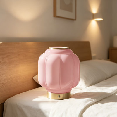 Lampe champignon, lampe de table rechargeable sans fil avec base en laiton et abat-jour en verre rose, lampe de chevet à intensité variable de 4 W pour un décor moderne Mid-Century