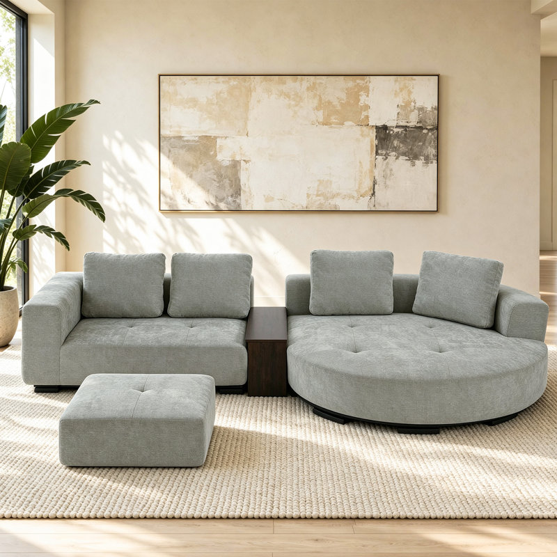 Canapé d'angle modulaire 3 pièces en chenille avec rangement et table d'appoint intégrée, Chenille gris pâle