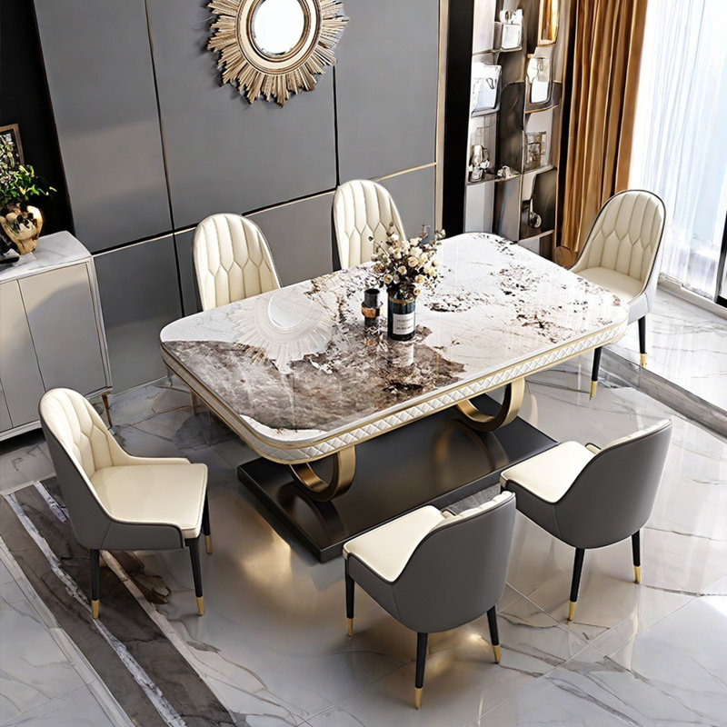 Italian style luxury rectangular dining table sets, White/Gray, 30.3"H x 55.1"L x 31.5"W