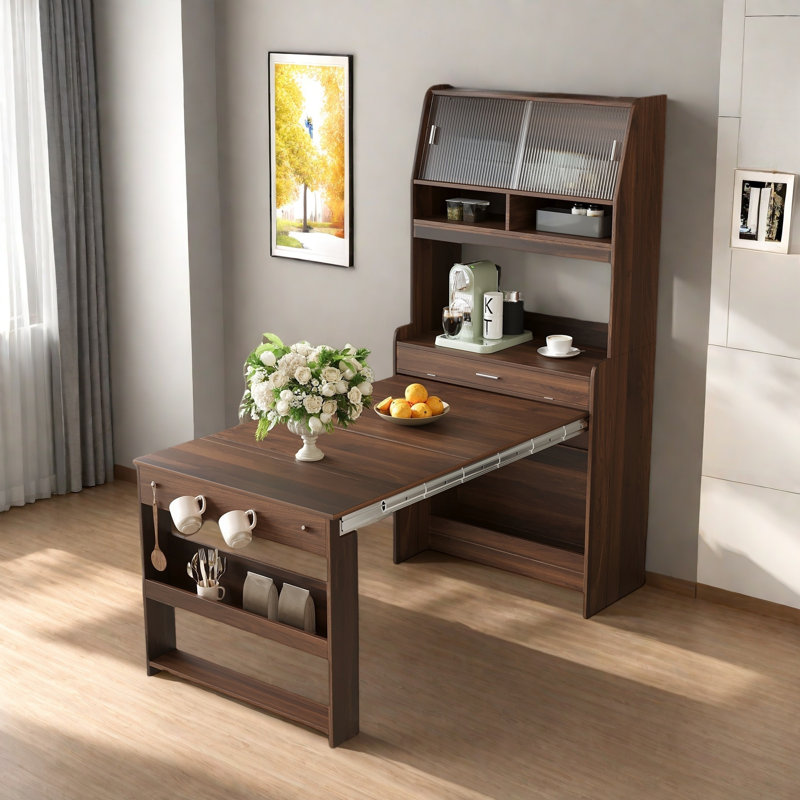 Buffet With Hutch And Foldable Dining Table, Storage Shelves, Side Hooks And A Cabinet With Sliding Doors, Walnut