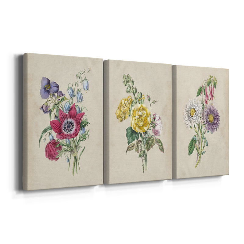Antique Garden Bouquet I  -Custom Wrapped Gallery Canvas - 3 Pieces, 12" H x 24" W
