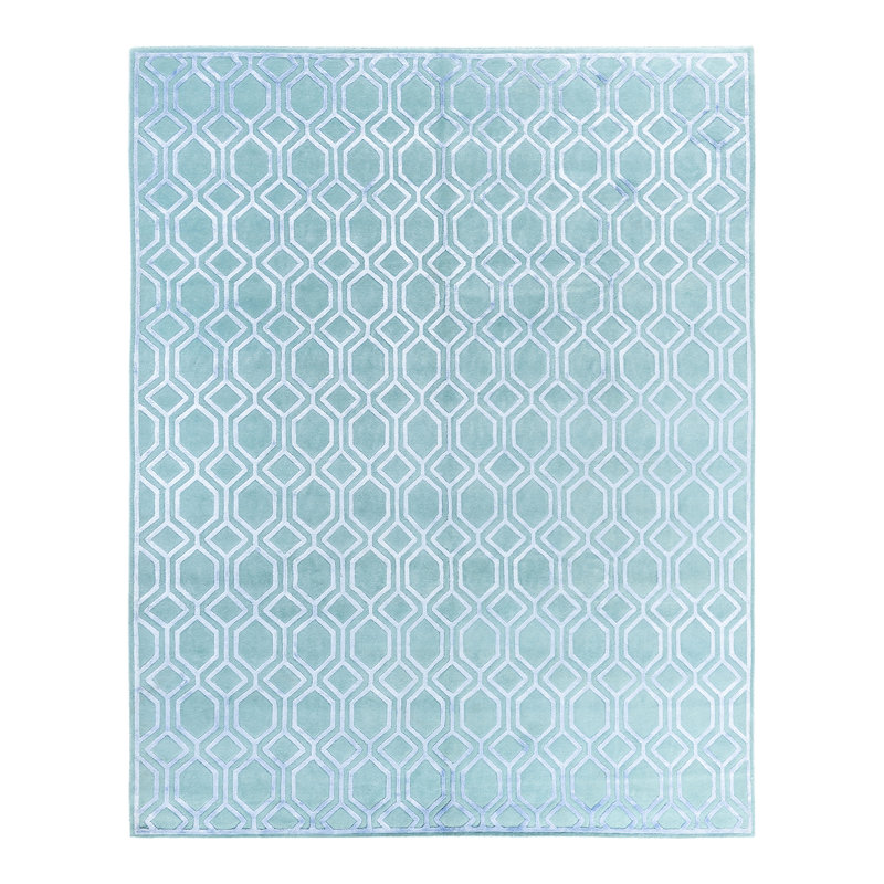 Hand-Knotted Green Wool and Silk Rectangular Area Rug