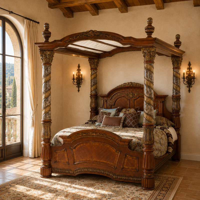 Villa Valencia Cal. Lit à baldaquin en bois très grand et marbre, Très grand californien