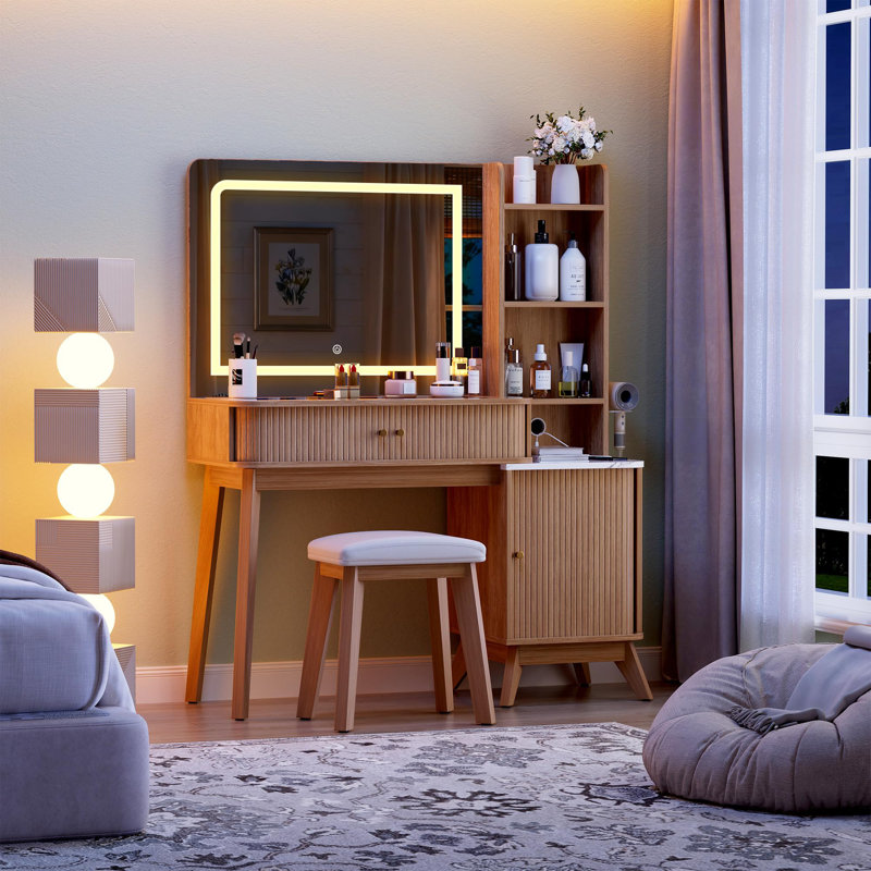 Glass Top Vanity Desk With Large Mirror And Lights