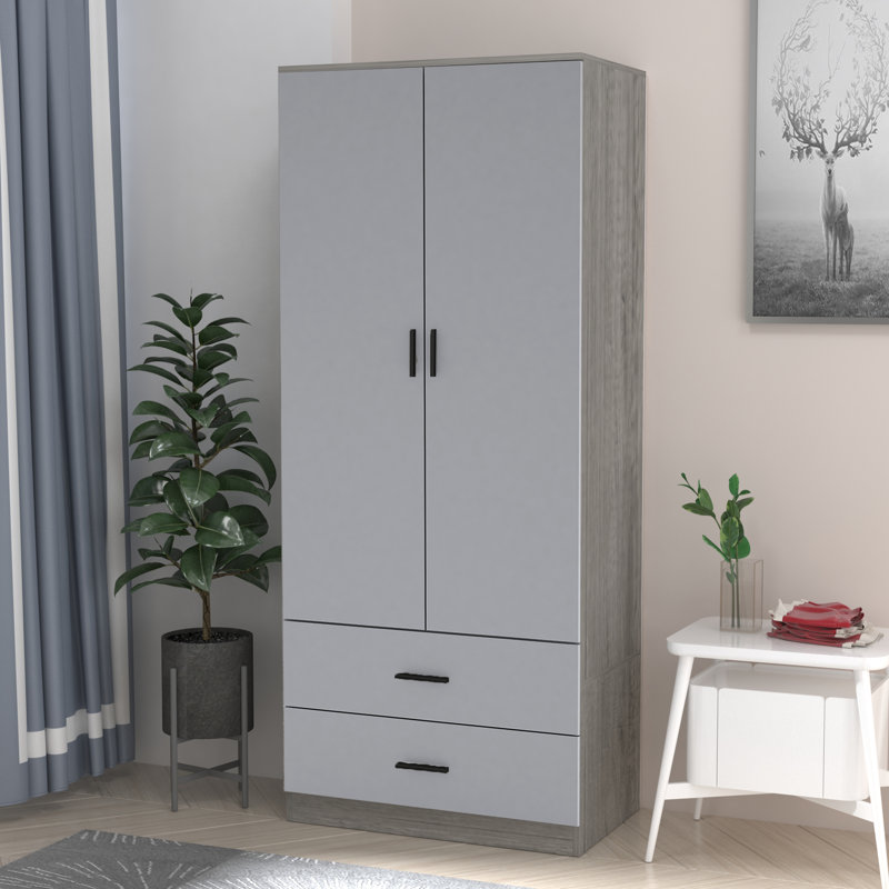 Gianpietro 2 Door Manufactured Wood Wardrobe, Ash Grey Carcass/Grey Drawer