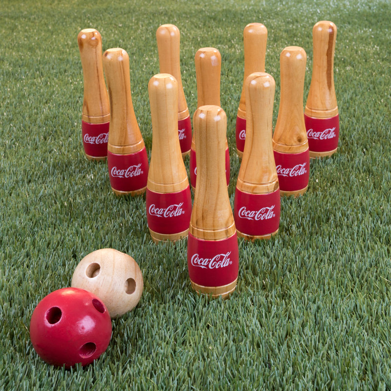 Jeu de quilles Coca Cola - Jeu de quilles intérieur et extérieur pour adultes et enfants - 10 quilles en bois, 2 balles et un sac de transport en filet par Hey Play (rouge)