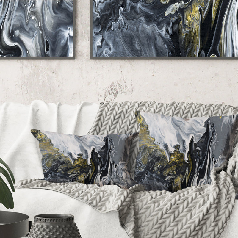 Coussin jaune avec imprimé d'art moderne jaune, gris et noir, 16 po x 16 po