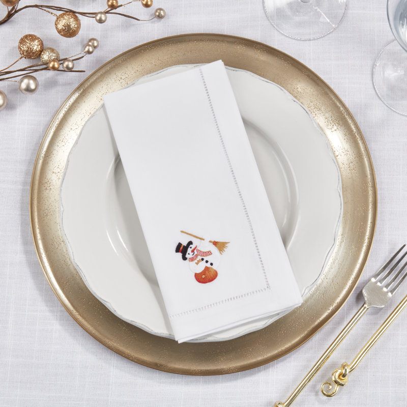 White Cotton Embroidered Snowman Winter Napkins, Set of 6