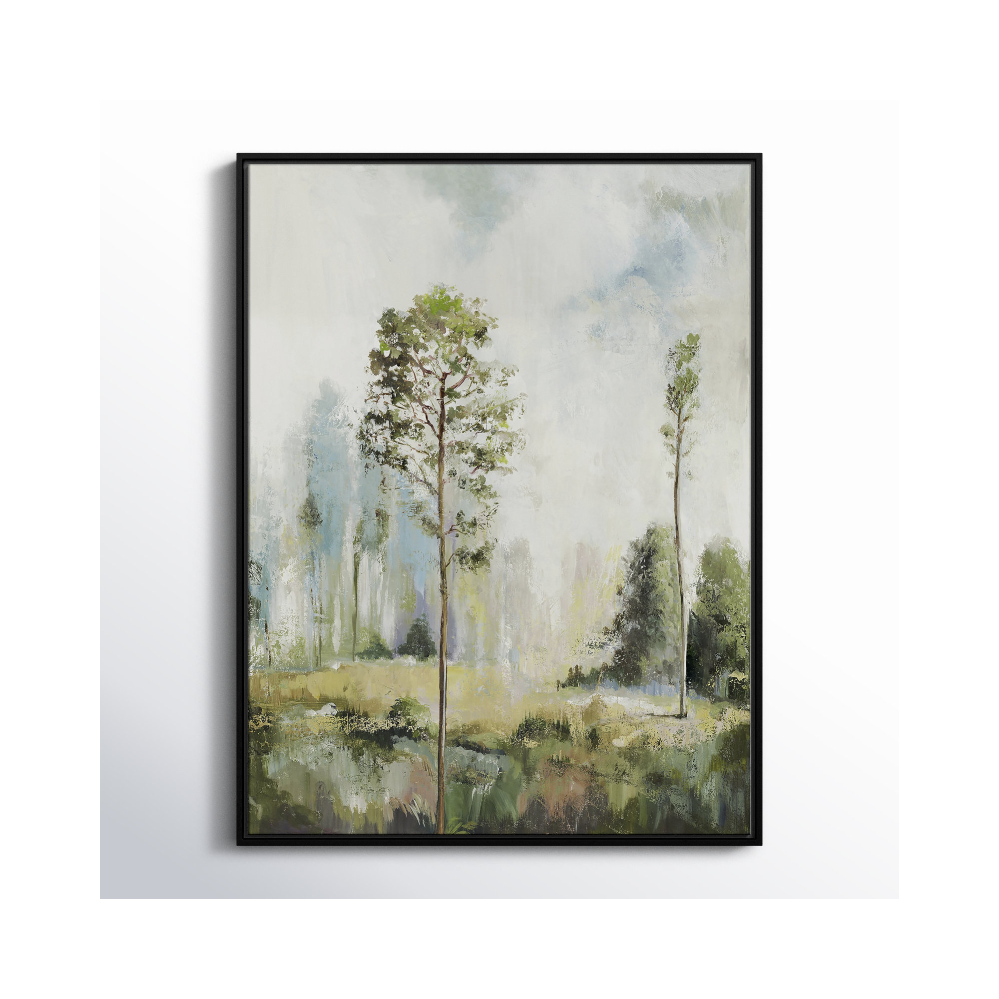 Tall Green Trees I by Teton Pearce - Floater Frame Print on Canvas, 41.5" H x 31.5" W, Black