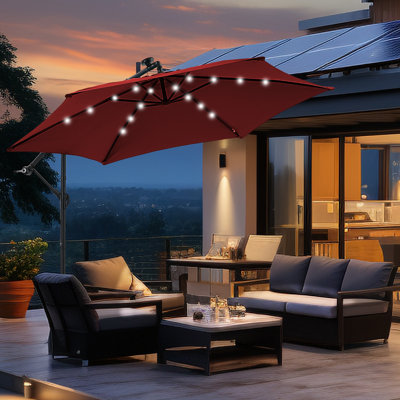 Parasol de marché suspendu 10 pi avec lumières solaires et base
