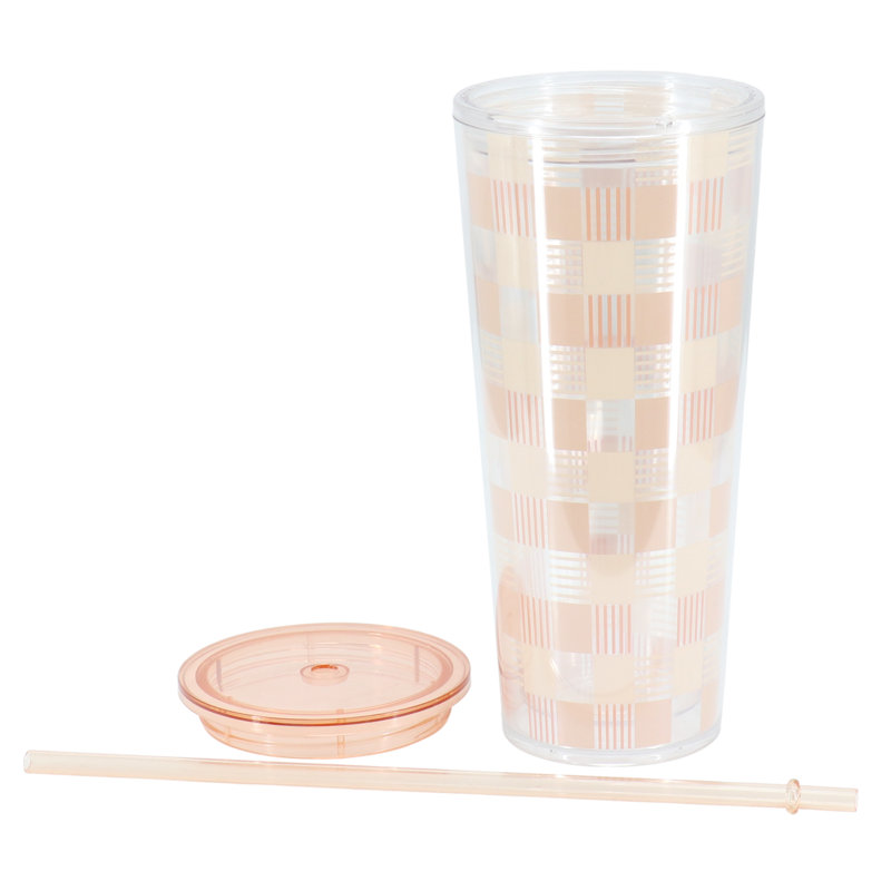 Pink Checkered 23 Ounce Plastic Travel Tumbler with Straw and Lid