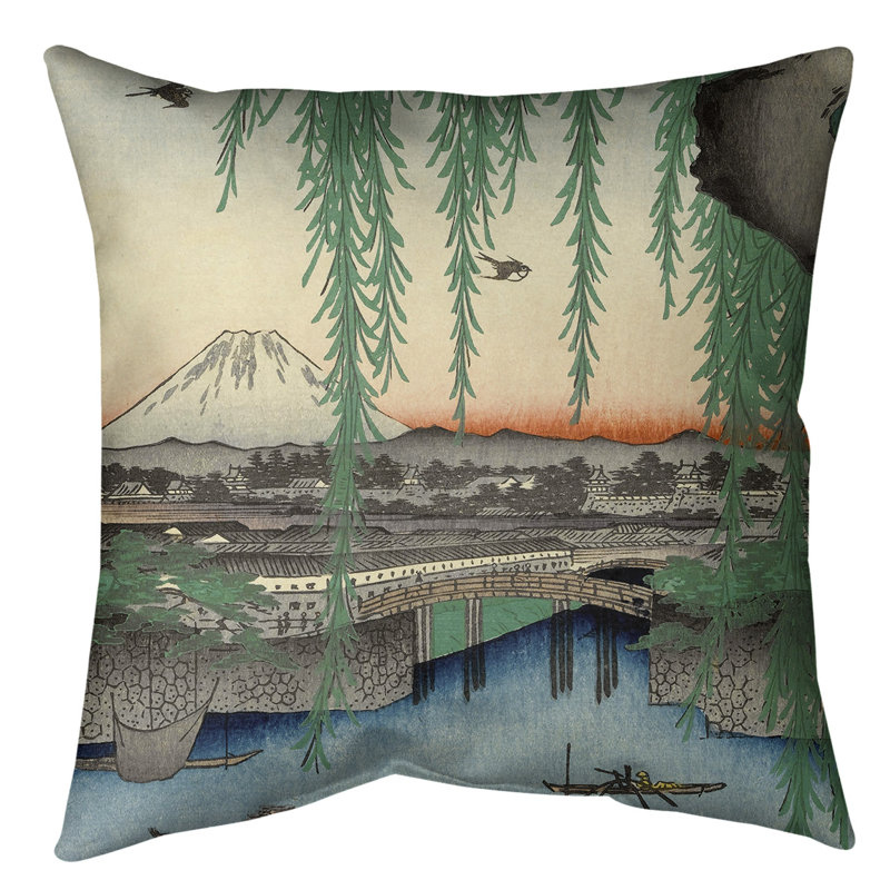 Coussin yatsumi bridge, Gris / bleu / rose, 18 po x 18 po, Bourre en polyester