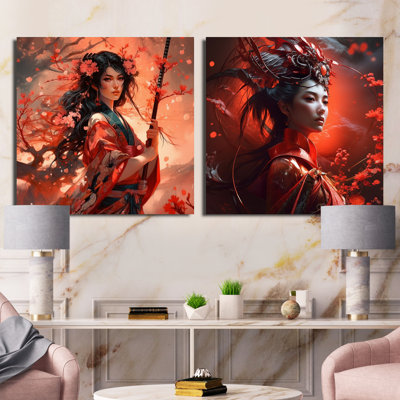Samurai Floral Beauty - Asian Woman  Square Collage Set Of 2