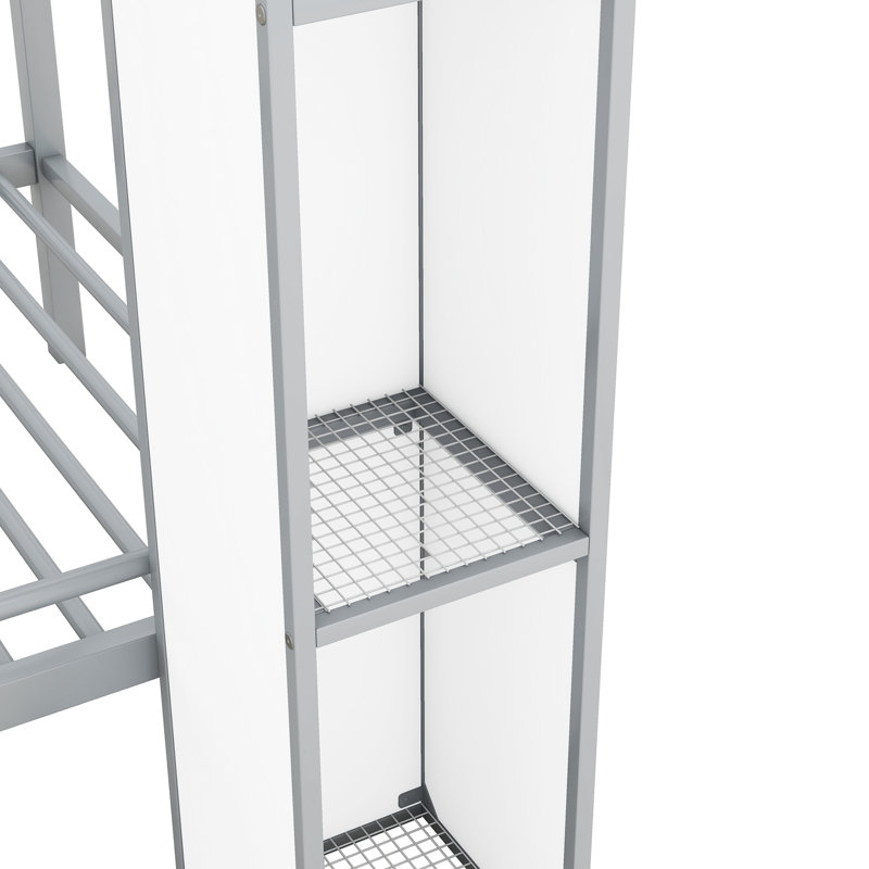 Lit simple superposé au-dessus de métal avec garde-robe et espace de rangement, gris et blanc, Blanc / Gris