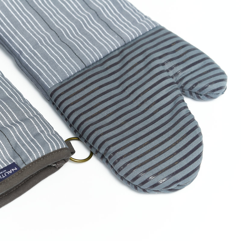 Gray Striped Cotton Oven Mitts with Silicone Grip Set